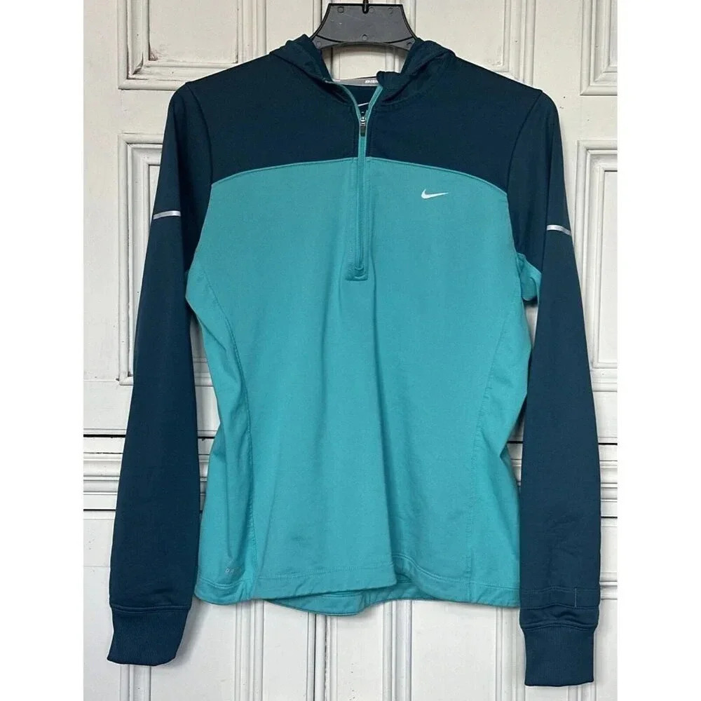 Nike Running Women’s (L) 1/4 Zip Pull Over Dri Fit Teal/Light Green Cap Hoodie